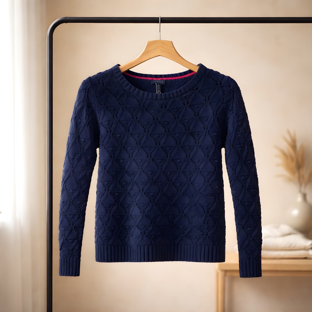 Tommy Hilfiger Womens Navy Blue Pointelle Bobble Knit Crew Neck Sweater Size M